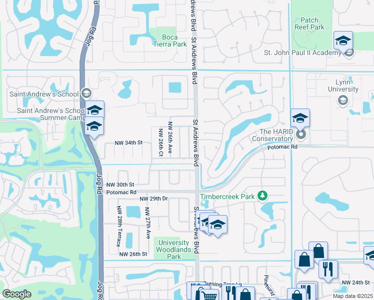 map of restaurants, bars, coffee shops, grocery stores, and more near 2579 Northwest 32nd Street in Boca Raton