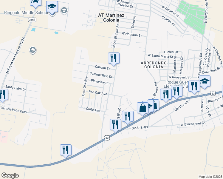 map of restaurants, bars, coffee shops, grocery stores, and more near 1812 Red Oak in Rio Grande City