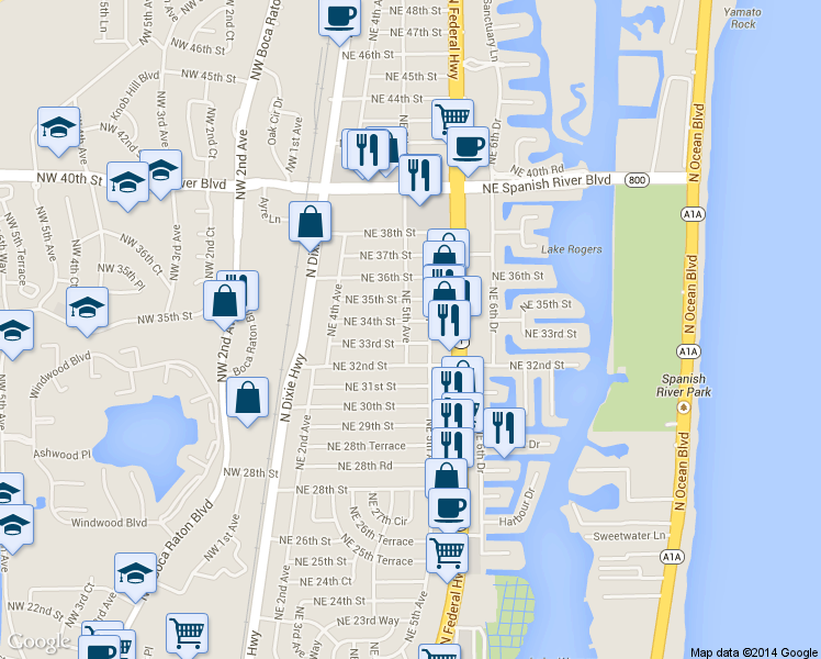 map of restaurants, bars, coffee shops, grocery stores, and more near 484 Northeast 33rd Street in Boca Raton