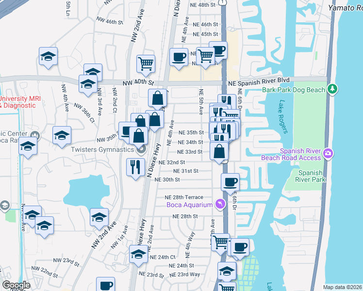 map of restaurants, bars, coffee shops, grocery stores, and more near 434 Northeast 33rd Street in Boca Raton