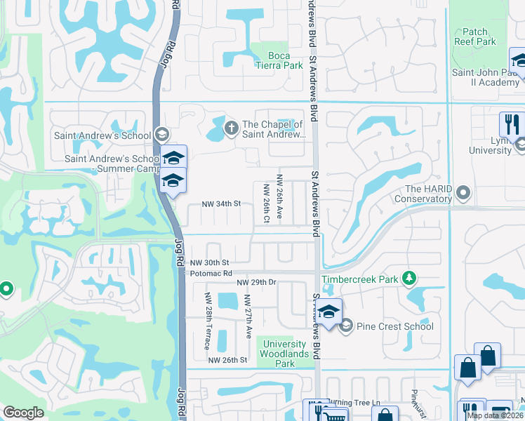 map of restaurants, bars, coffee shops, grocery stores, and more near 2639 Northwest 32nd Street in Boca Raton