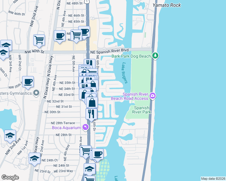 map of restaurants, bars, coffee shops, grocery stores, and more near 797 Northeast 33rd Street in Boca Raton