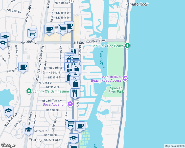 map of restaurants, bars, coffee shops, grocery stores, and more near 806 Northeast 33rd Street in Boca Raton