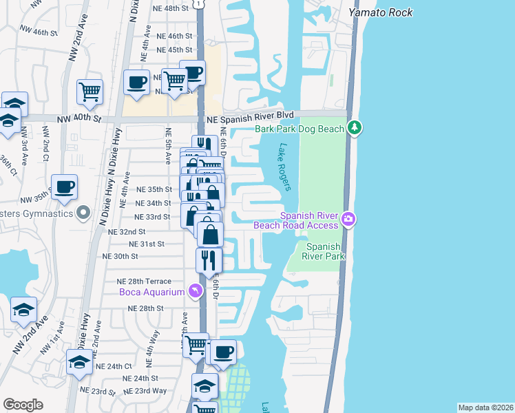 map of restaurants, bars, coffee shops, grocery stores, and more near 806 Northeast 33rd Street in Boca Raton