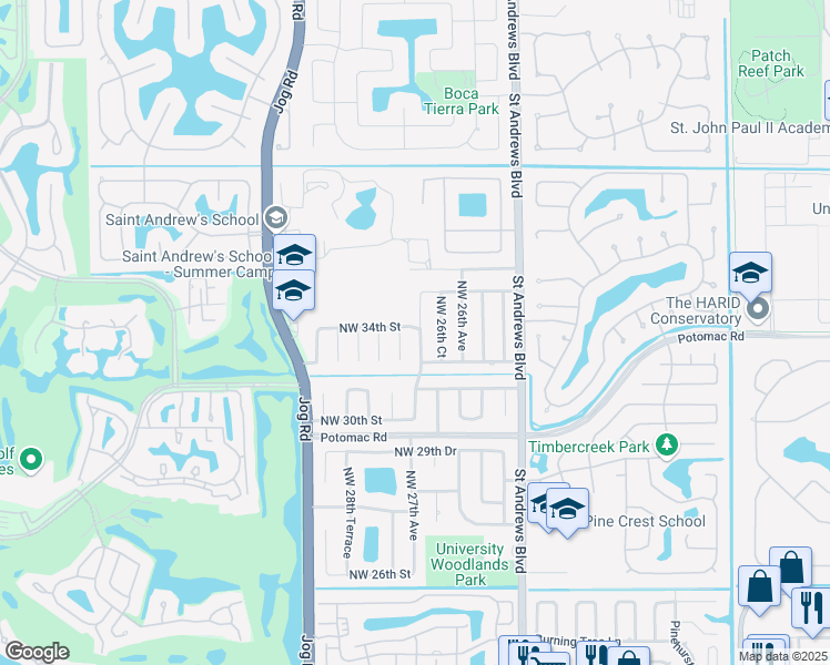 map of restaurants, bars, coffee shops, grocery stores, and more near 3375 Northwest 27th Avenue in Boca Raton