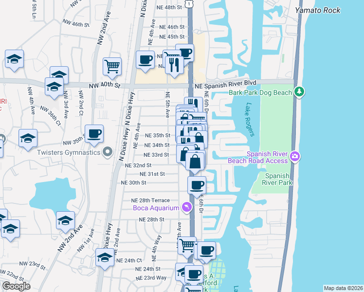 map of restaurants, bars, coffee shops, grocery stores, and more near 3474 Northeast 5th Drive in Boca Raton