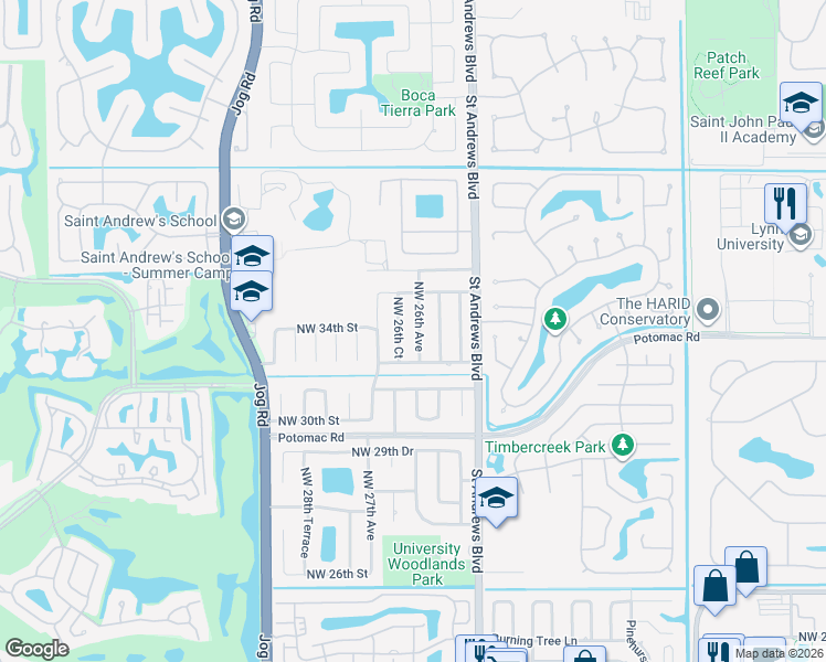 map of restaurants, bars, coffee shops, grocery stores, and more near 3510 Northwest 26th Court in Boca Raton