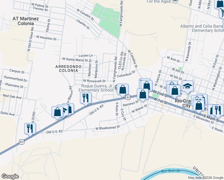 map of restaurants, bars, coffee shops, grocery stores, and more near 1600 West Main Street in Rio Grande City