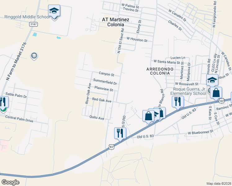 map of restaurants, bars, coffee shops, grocery stores, and more near 217 Plainview Street in Rio Grande City