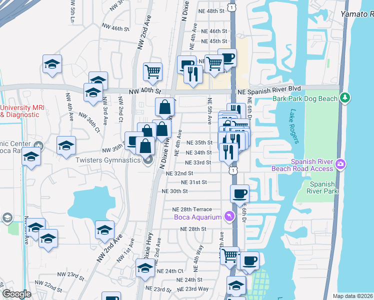 map of restaurants, bars, coffee shops, grocery stores, and more near 430 Northeast 35th Street in Boca Raton