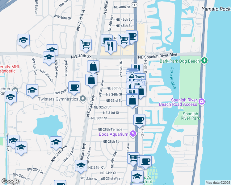 map of restaurants, bars, coffee shops, grocery stores, and more near 480 Northeast 35th Street in Boca Raton