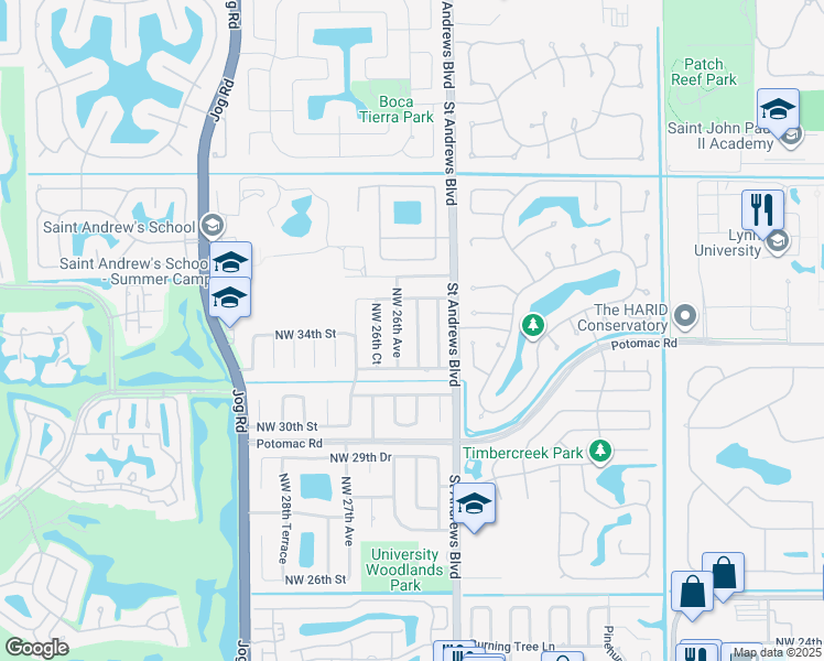 map of restaurants, bars, coffee shops, grocery stores, and more near 3421 Northwest 25th Terrace in Boca Raton