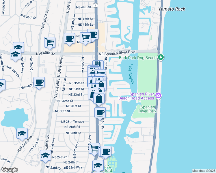 map of restaurants, bars, coffee shops, grocery stores, and more near 3450 Northeast 6th Drive in Boca Raton