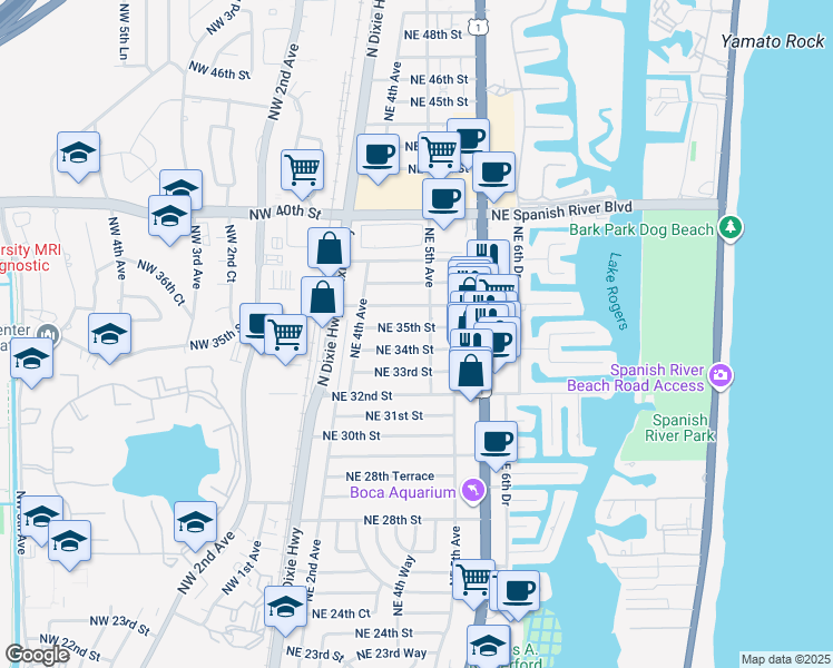 map of restaurants, bars, coffee shops, grocery stores, and more near 480 Northeast 35th Street in Boca Raton