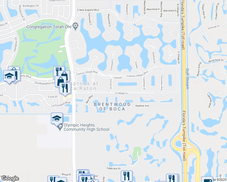 map of restaurants, bars, coffee shops, grocery stores, and more near Dorset B in Boca Raton