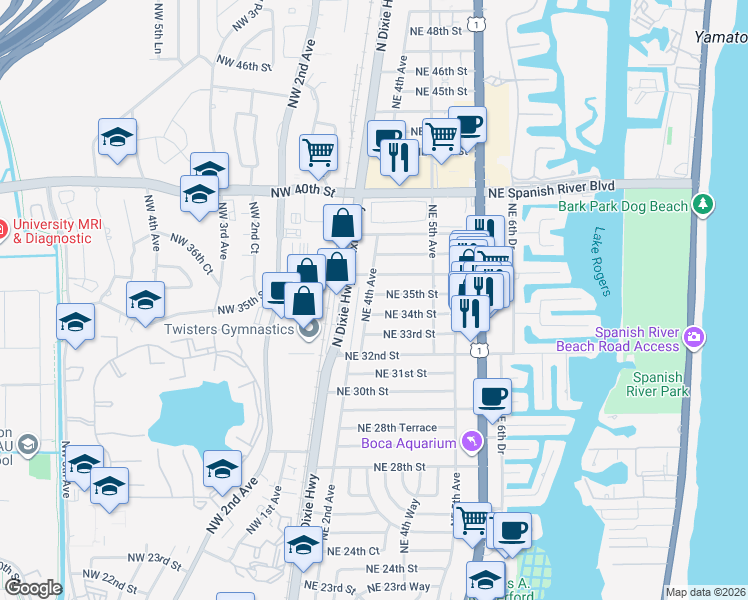 map of restaurants, bars, coffee shops, grocery stores, and more near 3498 Northeast 4th Avenue in Boca Raton