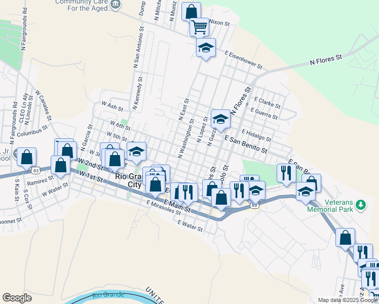 map of restaurants, bars, coffee shops, grocery stores, and more near 406 East 6th Street in Rio Grande City