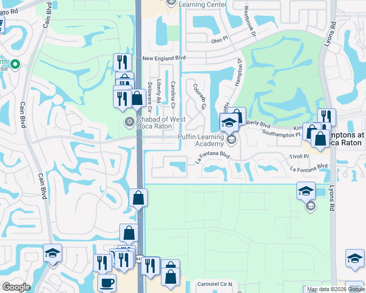 map of restaurants, bars, coffee shops, grocery stores, and more near 19807 Arizona Court in Boca Raton