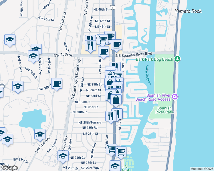 map of restaurants, bars, coffee shops, grocery stores, and more near 3452 Northeast 5th Drive in Boca Raton