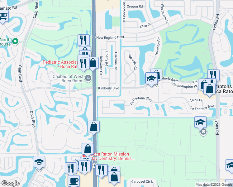 map of restaurants, bars, coffee shops, grocery stores, and more near 9812 Liberty Court in Boca Raton