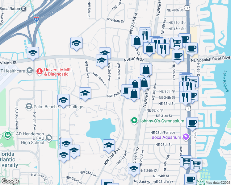 map of restaurants, bars, coffee shops, grocery stores, and more near 257 Northwest 35th Street in Boca Raton