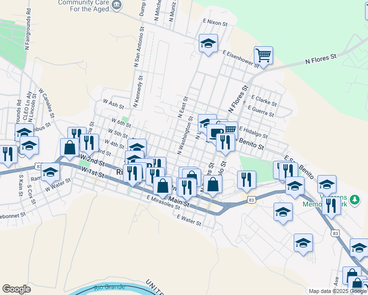 map of restaurants, bars, coffee shops, grocery stores, and more near 406 East 6th Street in Rio Grande City