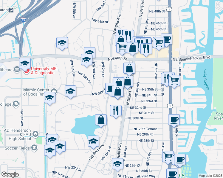 map of restaurants, bars, coffee shops, grocery stores, and more near 3500 Northwest 2nd Avenue in Boca Raton