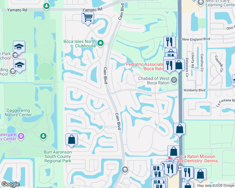 map of restaurants, bars, coffee shops, grocery stores, and more near 19695 Sedgefield Terrace in Boca Raton