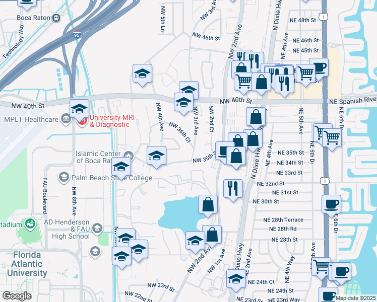 map of restaurants, bars, coffee shops, grocery stores, and more near 3501 Northwest 3rd Avenue in Boca Raton