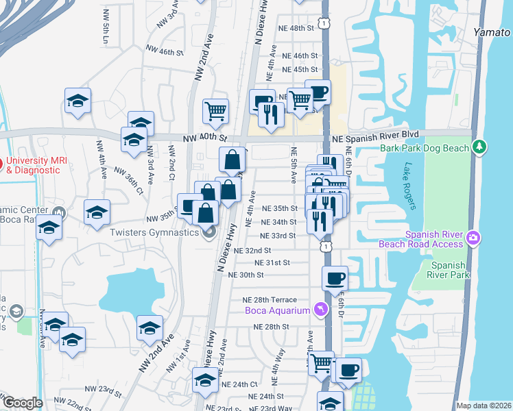 map of restaurants, bars, coffee shops, grocery stores, and more near 430 Northeast 35th Street in Boca Raton