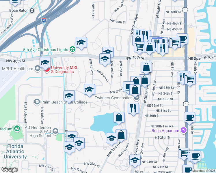map of restaurants, bars, coffee shops, grocery stores, and more near 3501 Northwest 3rd Avenue in Boca Raton