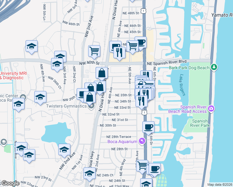 map of restaurants, bars, coffee shops, grocery stores, and more near 435 Northeast 35th Street in Boca Raton