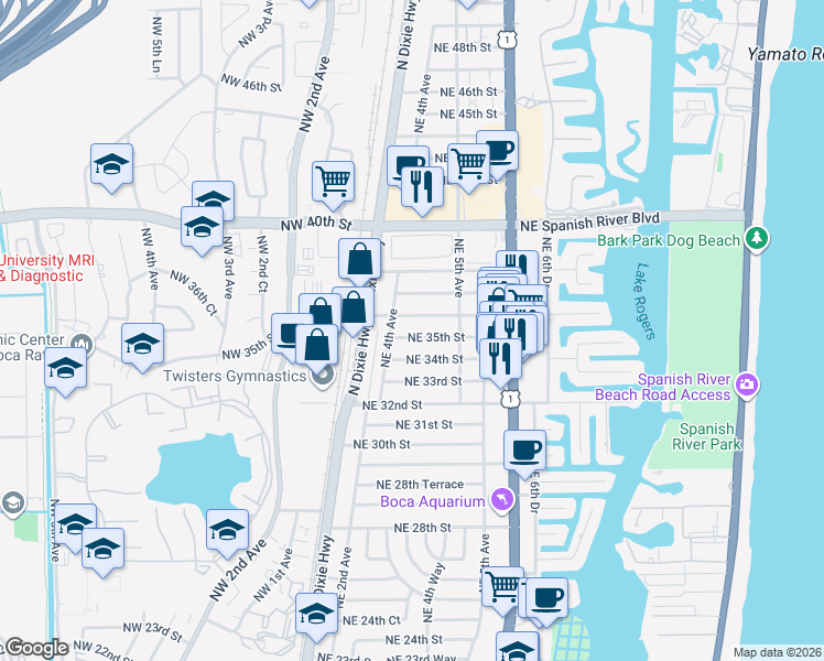 map of restaurants, bars, coffee shops, grocery stores, and more near 435 Northeast 35th Street in Boca Raton