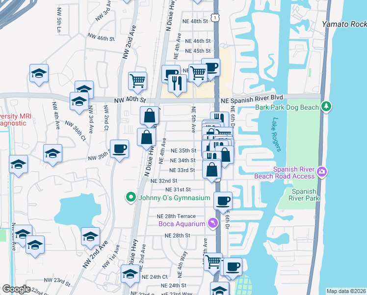 map of restaurants, bars, coffee shops, grocery stores, and more near 480 Northeast 35th Street in Boca Raton