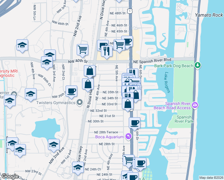 map of restaurants, bars, coffee shops, grocery stores, and more near 480 Northeast 35th Street in Boca Raton
