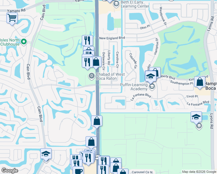 map of restaurants, bars, coffee shops, grocery stores, and more near 9889 Liberty Court in Boca Raton