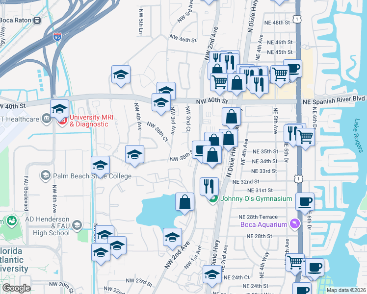 map of restaurants, bars, coffee shops, grocery stores, and more near 257 Northwest 35th Street in Boca Raton