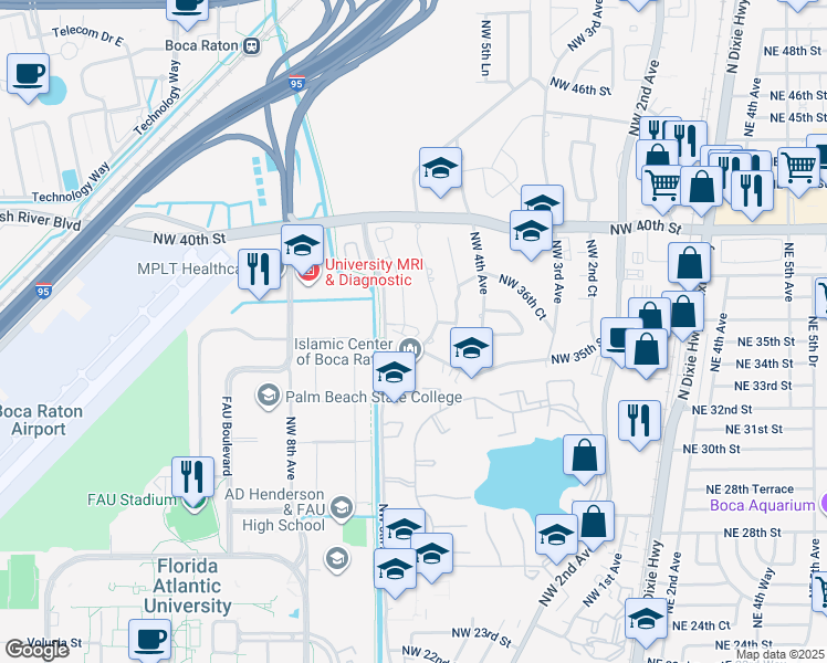 map of restaurants, bars, coffee shops, grocery stores, and more near 565 Northwest 35th Lane in Boca Raton