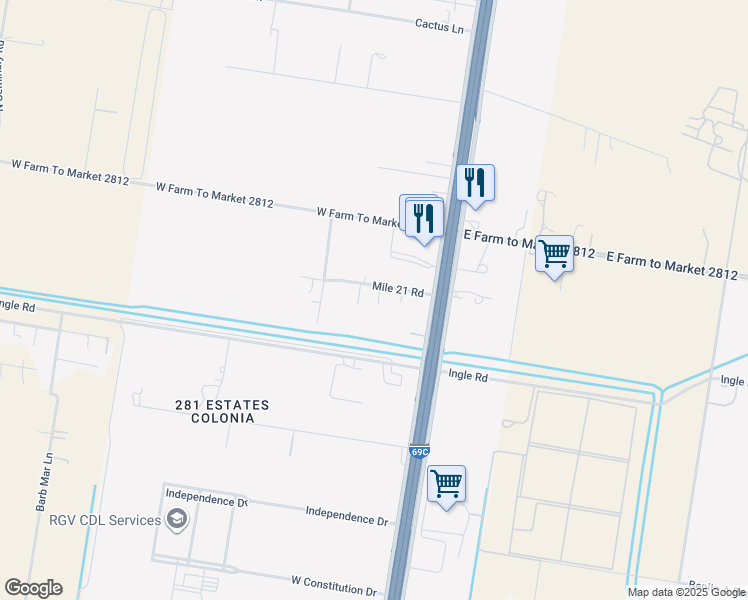 map of restaurants, bars, coffee shops, grocery stores, and more near 300 West Mile 21 Road in Edinburg