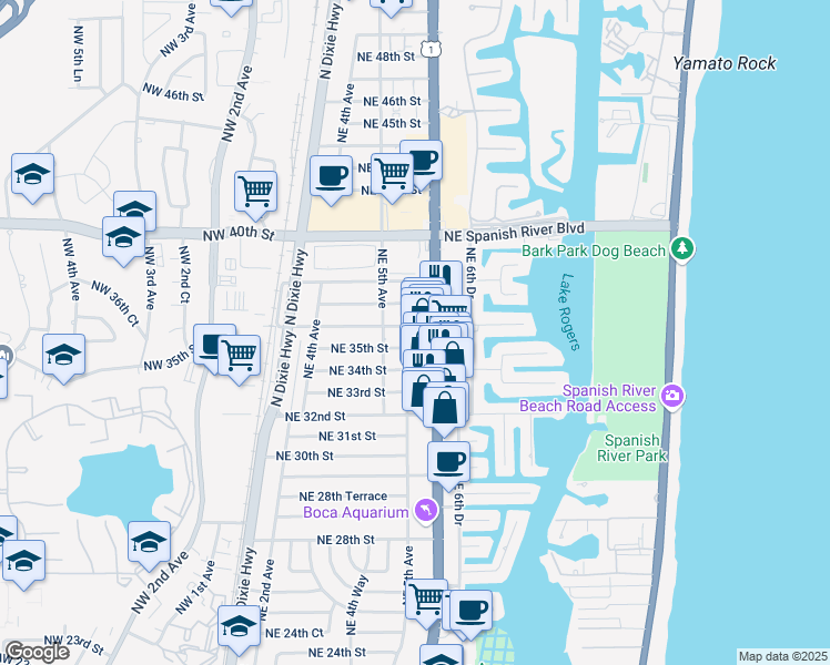 map of restaurants, bars, coffee shops, grocery stores, and more near 3452 Northeast 5th Drive in Boca Raton