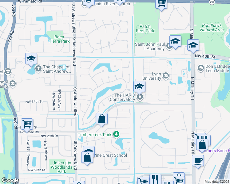 map of restaurants, bars, coffee shops, grocery stores, and more near 3360 Northwest 23rd Terrace in Boca Raton