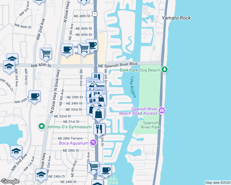 map of restaurants, bars, coffee shops, grocery stores, and more near 3450 Northeast 6th Drive in Boca Raton