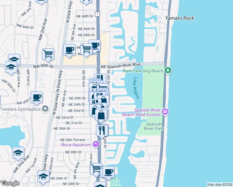 map of restaurants, bars, coffee shops, grocery stores, and more near 3450 Northeast 6th Drive in Boca Raton