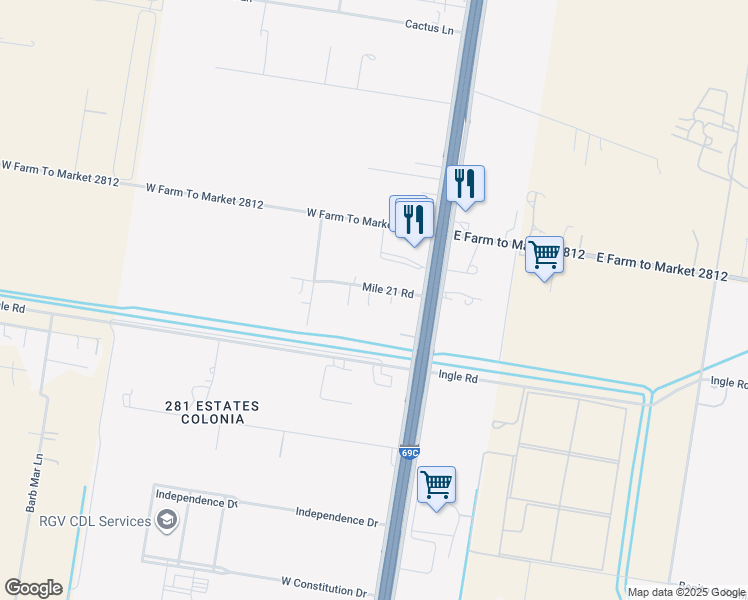 map of restaurants, bars, coffee shops, grocery stores, and more near 300 West Mile 21 Road in Edinburg