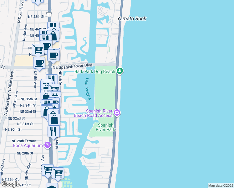map of restaurants, bars, coffee shops, grocery stores, and more near 3600 North Ocean Boulevard in Boca Raton