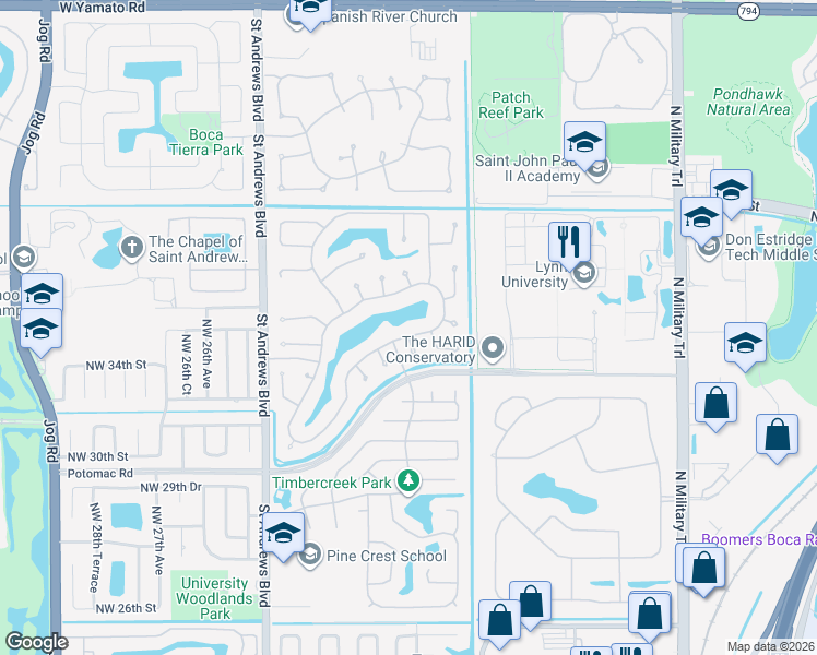 map of restaurants, bars, coffee shops, grocery stores, and more near 3432 Pine Haven Circle in Boca Raton