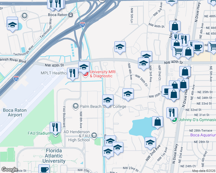 map of restaurants, bars, coffee shops, grocery stores, and more near 3639 Northwest 5th Terrace in Boca Raton