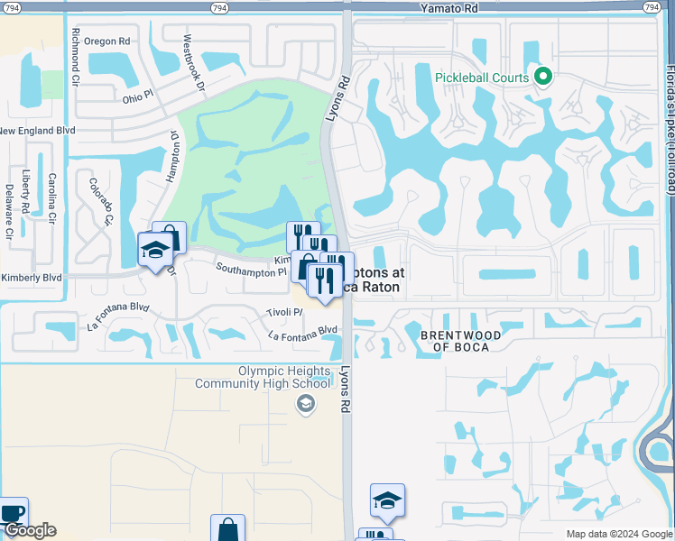 map of restaurants, bars, coffee shops, grocery stores, and more near 9050 Kimberly Boulevard in Boca Raton