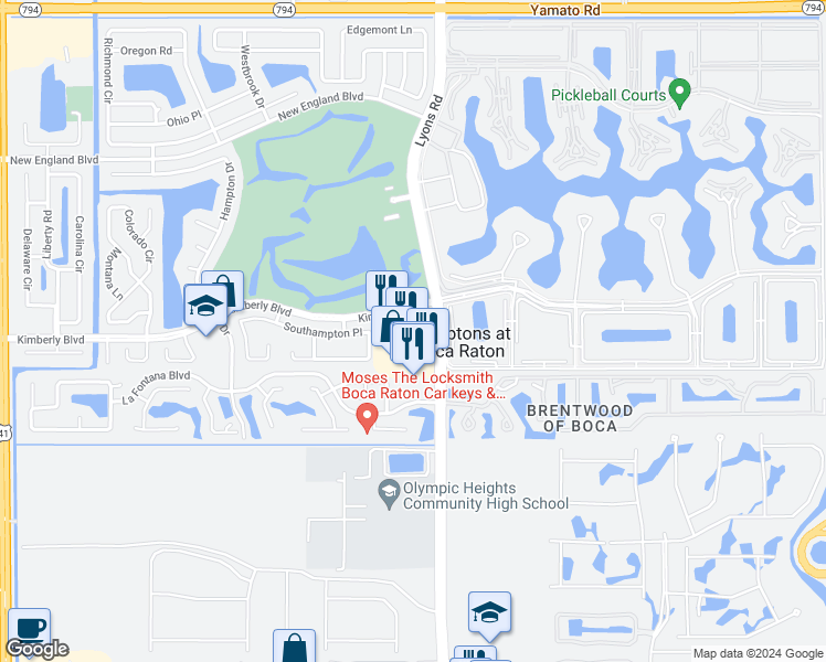 map of restaurants, bars, coffee shops, grocery stores, and more near 9020 Kimberly Boulevard in Boca Raton