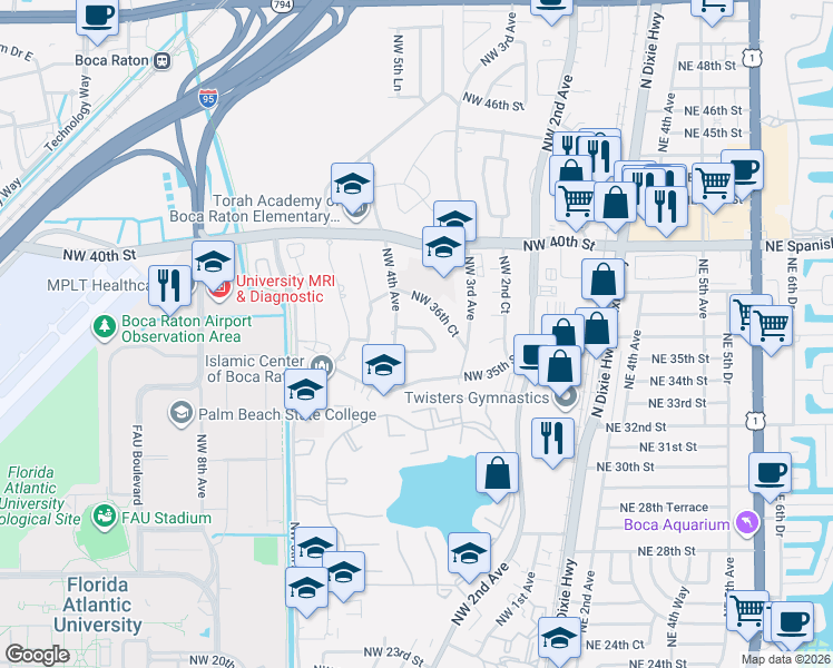 map of restaurants, bars, coffee shops, grocery stores, and more near 391 Northwest 35th Place in Boca Raton